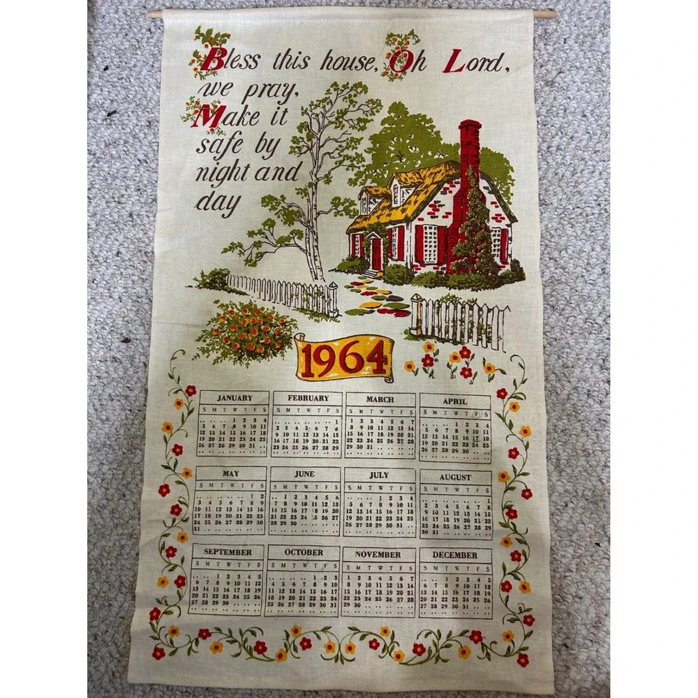 Vintage 1964 Linen Calendar Tea Towel Wall Hanging Cottage Blessing Mid Century
